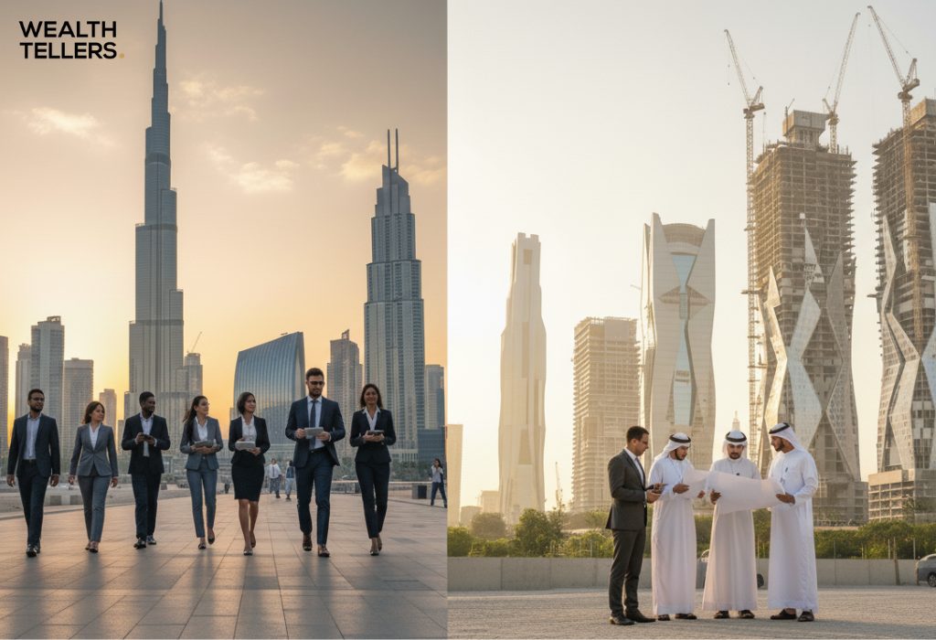 Split image showing Dubai’s skyline with professionals and Riyadh’s developing towers with business leaders, highlighting UAE and KSA business growth.