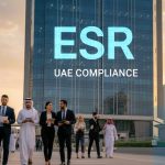 Business professionals walking near a Dubai skyscraper with “ESR UAE Compliance” displayed, representing corporate regulation and compliance in the UAE.