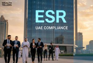 Business professionals walking near a Dubai skyscraper with “ESR UAE Compliance” displayed, representing corporate regulation and compliance in the UAE.