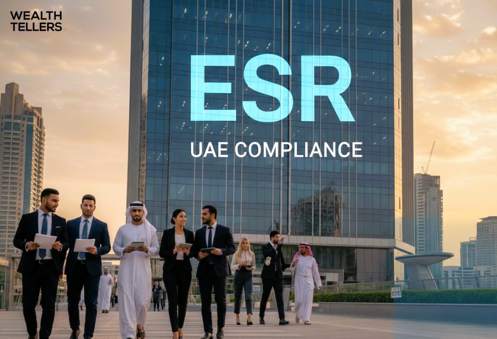 Business professionals walking near a Dubai skyscraper with “ESR UAE Compliance” displayed, representing corporate regulation and compliance in the UAE.