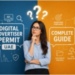 Woman thinking between two panels showing Digital Advertiser Permit UAE and Complete Guide with icons for compliance, registration, and regulations.