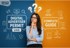 Woman thinking between two panels showing Digital Advertiser Permit UAE and Complete Guide with icons for compliance, registration, and regulations.