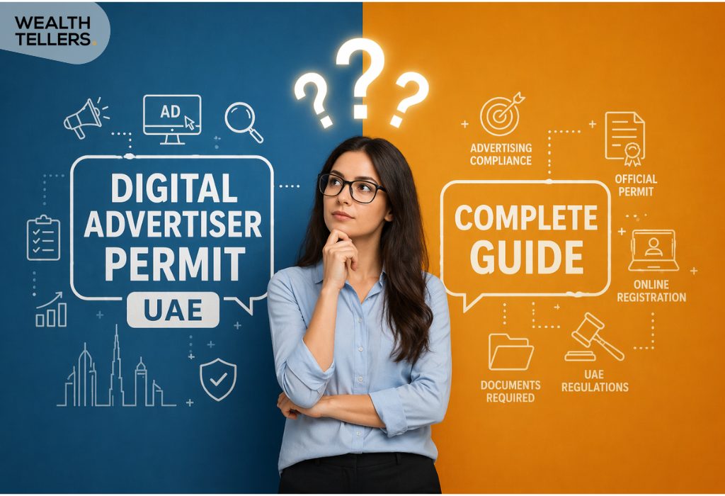 Woman thinking between two panels showing Digital Advertiser Permit UAE and Complete Guide with icons for compliance, registration, and regulations.