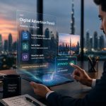 Business professional managing UAE digital advertiser permit on tablet with holographic approval interface and Dubai skyline view