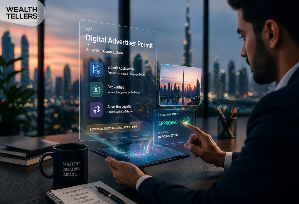 Business professional managing UAE digital advertiser permit on tablet with holographic approval interface and Dubai skyline view