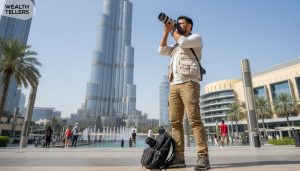 Photographer capturing cityscape near Burj Khalifa in Dubai, standing with camera and backpack as people walk and fountains flow in background
