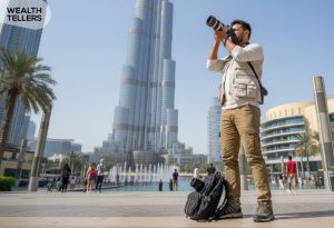 Photographer capturing cityscape near Burj Khalifa in Dubai, standing with camera and backpack as people walk and fountains flow in background