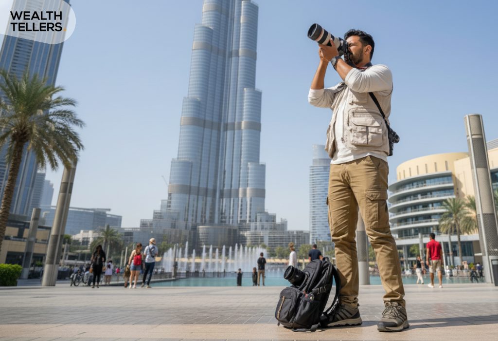 Photographer capturing cityscape near Burj Khalifa in Dubai, standing with camera and backpack as people walk and fountains flow in background