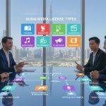 Business meeting showing Dubai media license types, activities, and setup steps with digital icons for publishing, film, and broadcasting