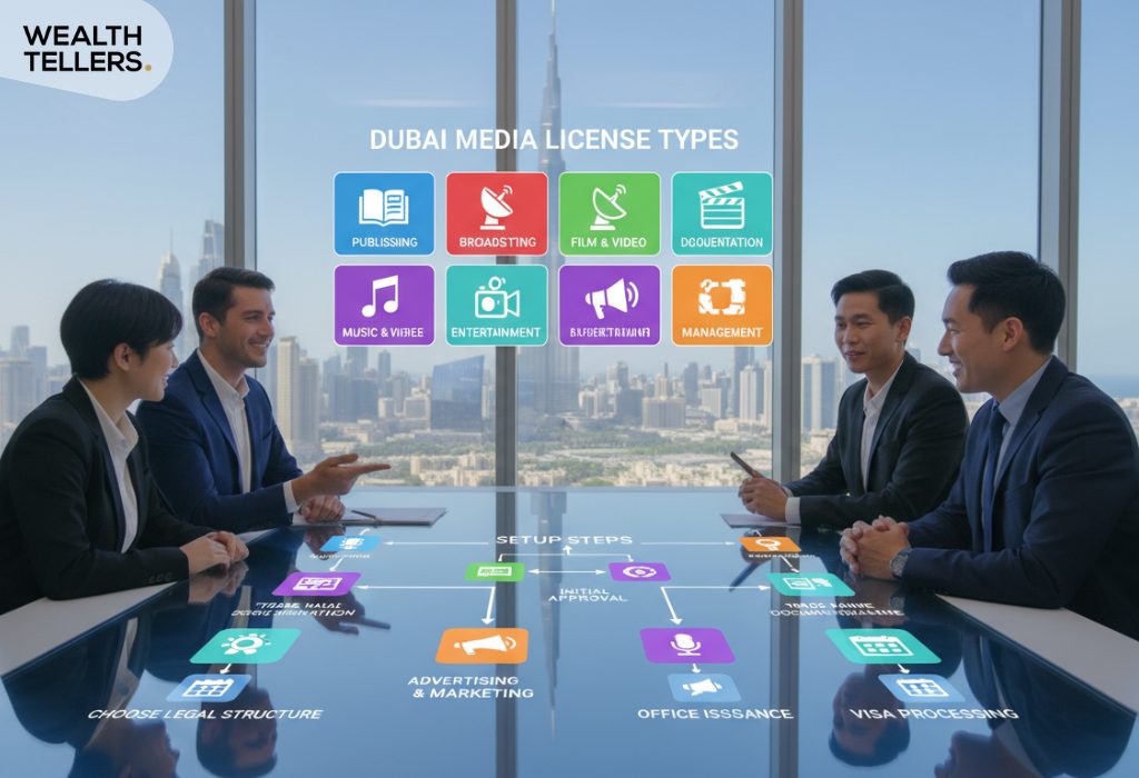 Business meeting showing Dubai media license types, activities, and setup steps with digital icons for publishing, film, and broadcasting