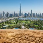 Dubai skyline showing growth from desert to modern city, with arrow highlighting UAE resilience, economic development, and progress