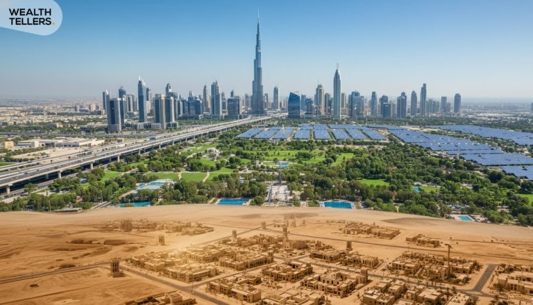Dubai skyline showing growth from desert to modern city, with arrow highlighting UAE resilience, economic development, and progress