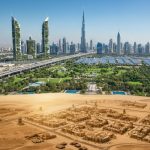 Dubai skyline showing growth from desert to modern city, with arrow highlighting UAE resilience, economic development, and progress