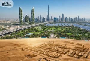 Dubai skyline showing growth from desert to modern city, with arrow highlighting UAE resilience, economic development, and progress
