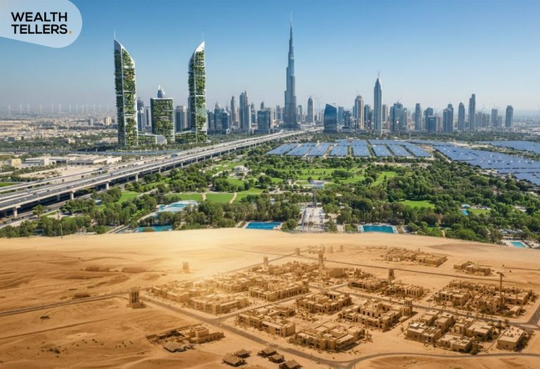 Dubai skyline showing growth from desert to modern city, with arrow highlighting UAE resilience, economic development, and progress