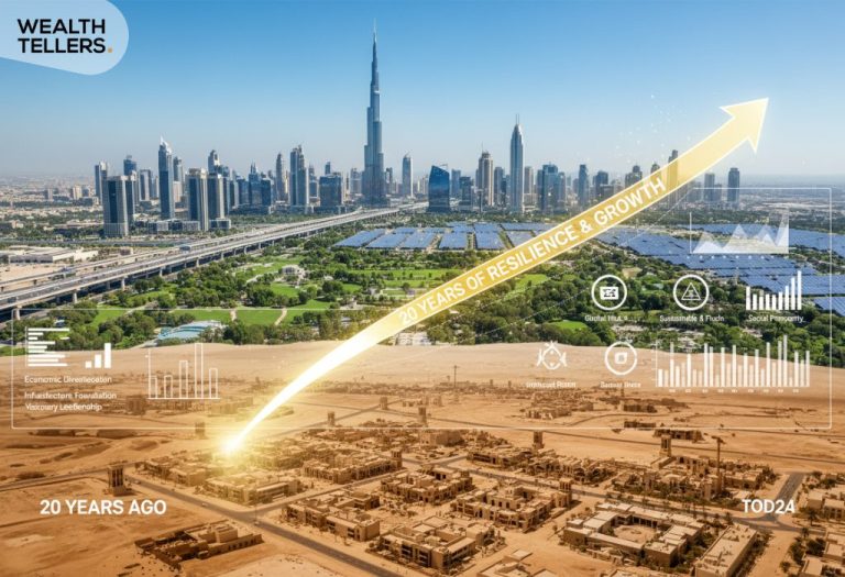 Dubai skyline showing growth from desert to modern city, with arrow highlighting UAE resilience, economic development, and progress