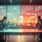 Business team comparing SEO and paid ads strategies with digital dashboards, highlighting growth, targeting, and marketing performance