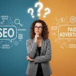 Man comparing SEO and paid advertising, split background with icons for traffic, keywords, CPC, and targeting, questioning which is better
