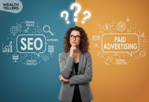 Man comparing SEO and paid advertising, split background with icons for traffic, keywords, CPC, and targeting, questioning which is better