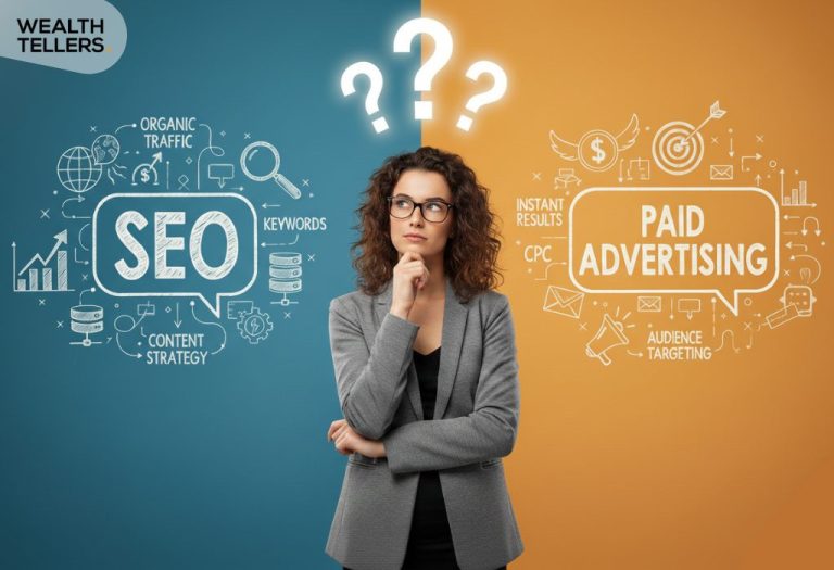 Man comparing SEO and paid advertising, split background with icons for traffic, keywords, CPC, and targeting, questioning which is better