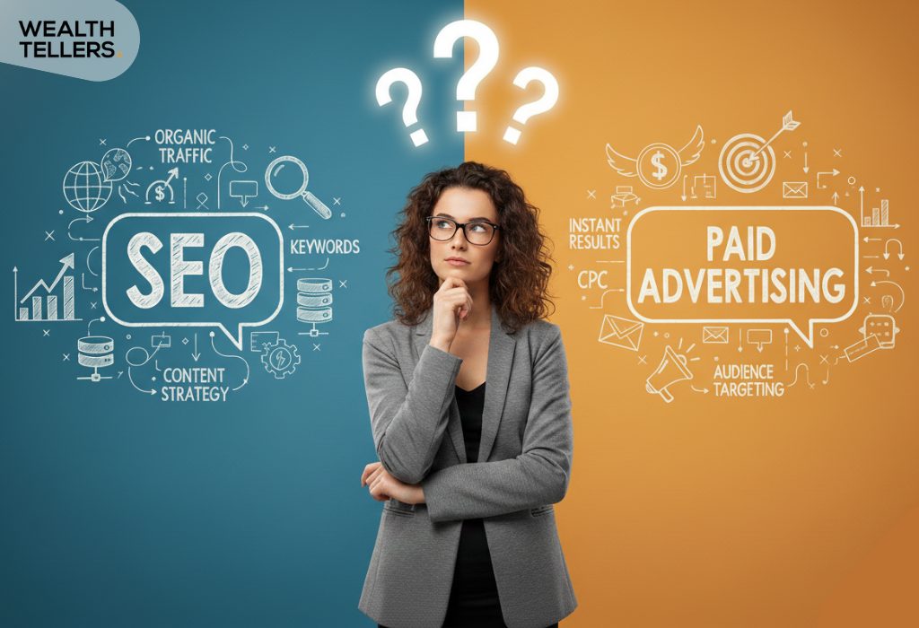 Man comparing SEO and paid advertising, split background with icons for traffic, keywords, CPC, and targeting, questioning which is better
