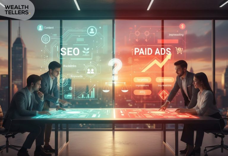 Business team comparing SEO and paid ads strategies with digital dashboards, highlighting growth, targeting, and marketing performance