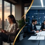 Split scene of professional managing digital advertising on tablet and business team reviewing documents in UAE office day to night