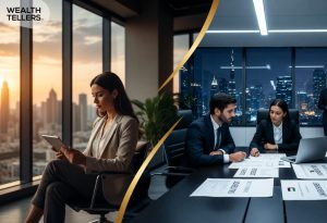 Split scene of professional managing digital advertising on tablet and business team reviewing documents in UAE office day to night