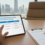 Tablet showing UAE trademark registration costs, steps, and timeline with documents on desk and Dubai skyline in background