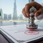 UAE trademark certificate being stamped on a desk with Dubai skyline and UAE flag in the background, symbolizing legal brand protection.