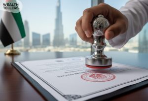 UAE trademark certificate being stamped on a desk with Dubai skyline and UAE flag in the background, symbolizing legal brand protection.