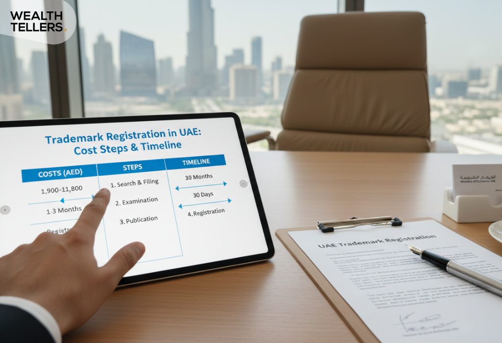 Tablet showing UAE trademark registration costs, steps, and timeline with documents on desk and Dubai skyline in background