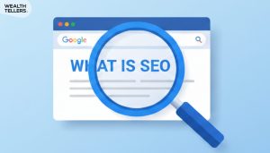 Magnifying glass over Google search page showing “What is SEO,” illustrating search engine optimization concepts and online visibility