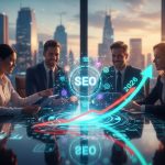 Business team analyzing SEO strategy with digital interface, showing growth trend for 2026 and importance of search optimization