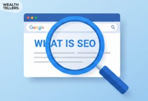 Magnifying glass over Google search page showing “What is SEO,” illustrating search engine optimization concepts and online visibility