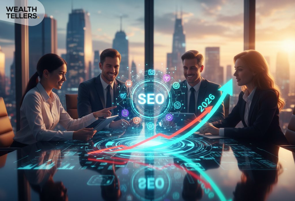 Business team analyzing SEO strategy with digital interface, showing growth trend for 2026 and importance of search optimization
