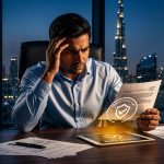 Businessman reviewing digital advertiser permit in Dubai office at night with holographic approval shield and city skyline view
