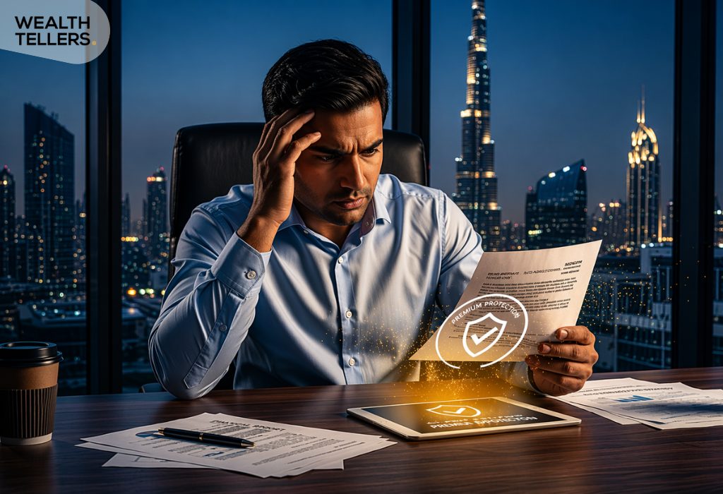 Businessman reviewing digital advertiser permit in Dubai office at night with holographic approval shield and city skyline view