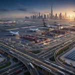 Modern Dubai skyline with Burj Khalifa, busy airport, cargo port, highways, and logistics hub at sunset showing UAE economic strength and growth