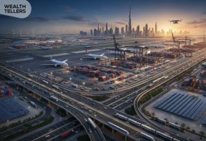 Modern Dubai skyline with Burj Khalifa, busy airport, cargo port, highways, and logistics hub at sunset showing UAE economic strength and growth