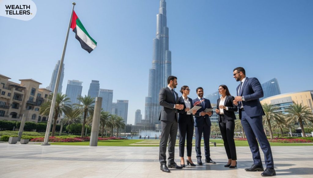 Business professionals meeting in Downtown Dubai with Burj Khalifa and UAE flag behind them, representing trademark and business growth.