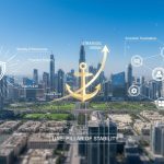 Dubai skyline with Wealth Tellers branding, anchor symbol, and icons showing UAE stability, governance, and economic growth vision