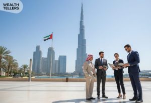 Business professionals meeting in Downtown Dubai with Burj Khalifa and UAE flag behind them, representing trademark and business growth.