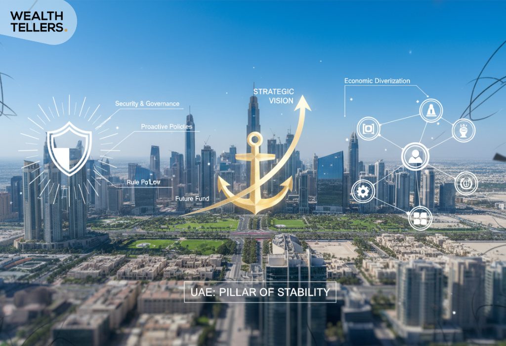 Dubai skyline with Wealth Tellers branding, anchor symbol, and icons showing UAE stability, governance, and economic growth vision
